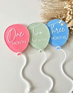 three balloons with the words one, two, and three months printed on them