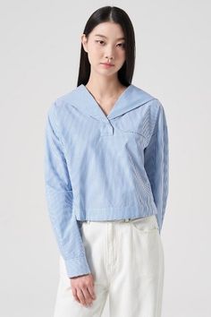 KOODING carries the latest 8seconds blouses. KOODING is the global leading shopping website in providing authentic Korean fashion, beauty and lifestyle items, including clothing, cosmetics, shoes, accessories, and bags in affordable, fast, easy, and safe way. Blue Workwear Top With Striped Collar, Sailor Collar Tops For Spring Workwear, Cotton Sailor Collar Top For Work, Fashion Blouses, Sailor Collar, Shopping Website, Beauty And Lifestyle, Crop Blouse, Shopping Websites