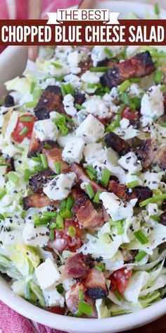 chopped wedge salad with blue cheese and bacon in a white bowl