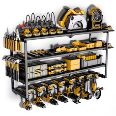 there are many tools on the shelf in this workbench that is yellow and black