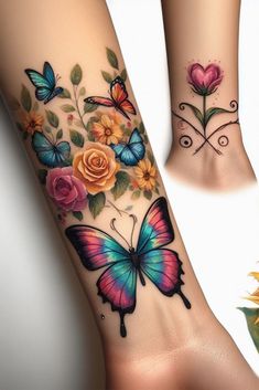 two tattoos with butterflies and flowers on their legs, one has a sunflower in the background