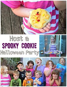 kids in halloween costumes are holding up spooky cookies and eating them with their hands