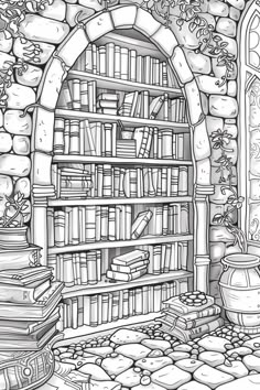 a black and white drawing of a book shelf filled with books