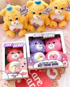 three teddy bears are sitting next to each other on a pink tablecloth with hearts and the caption care bears