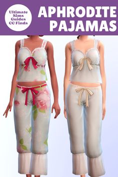 These are such a cute pair of cc pajamas for the sims, with a cute tank top and a fun pair of pants with a ribbon holding them up #TheSims4 Dark Skin Blush, Fun Pajamas, Pajamas Cozy, Sims 4 Challenges, Sims 4 Anime, Cc Clothes, Rich Clothes