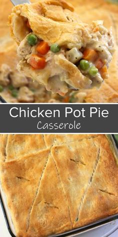 chicken pot pie casserole in a pan with a spoon