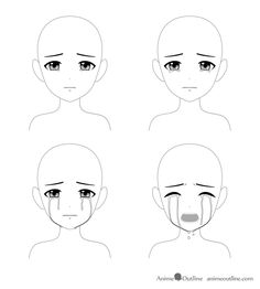 four different angles of the face for an anime character's head, with eyes and eyebrows