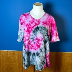 Upcycled Isaac Mizrahi T-Shirt Size Xl Tye Dye With Pink And Black Dye. Handmade In Maine By Jrsdesignsltd With Pink Relaxed Fit V-neck Shirt, Pink Short Sleeve Shirt For Loungewear, Multicolor Relaxed Fit T-shirt For Loungewear, Multicolor Short Sleeve Tops For Loungewear, Pink Relaxed Fit V-neck T-shirt, Simply Southern T Shirts, Linen Tee, Vintage Crop Tops, Linen Tshirts