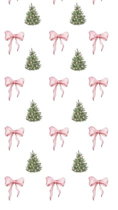 watercolor christmas tree with pink bows and ribbons on a white background, seamless