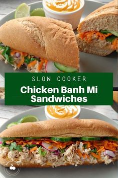 the chicken banh mi sandwich is cut in half and served on a plate with dipping sauce