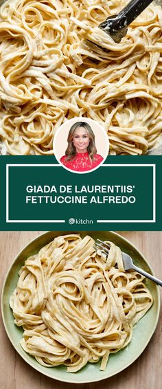 a plate full of pasta with the words giada de laurenti's fettuccine alfredo on it