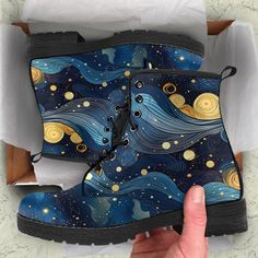 Starry Night Galaxy Vegan Leather Boots, Unisex adult Shoes Gifts for Her Combat Boots Painted Shoes    All of our Men's and Women's Faux Leather Boots are custom-made-to-order and handcrafted to the highest quality standards. Our unique designs are second to none. When is the last time you walked into a shoe store and found affordable boots in so many different, phenomenal designs. When you're wearing these boots the complements won't stop. Our boots complement your personality... find the desi Cool Combat Boots, Starry Night Accessories, Custom Combat Boots, Painting On Boots, Painted Combat Boots, Custom Docs, Painted Doc Martens, Starry Outfit, Celestial Shoes