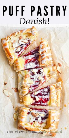 puff pastry danish with raspberry sauce on top and almonds around the edges