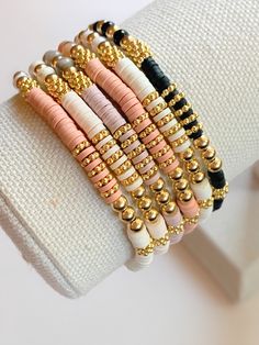 Beaded Stack Bracelets, Gold Heishi Beads Stackable Bracelets, Gold Stackable Beaded Bracelets With Heishi Beads, Elegant Heishi Bead Bracelets With Tiny Beads, Gold Heishi Beads Bracelets With 8mm Beads, Buissnes Ideas, Bracelets Preppy, Clay Beads Bracelet, Heishi Jewelry