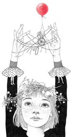 a black and white drawing of a girl with flowers on her head, holding hands above her head