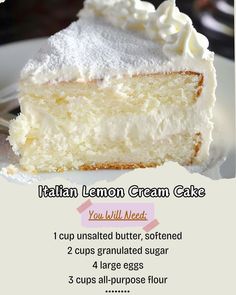 a close up of a slice of cake on a plate with the words italian lemon cream cake