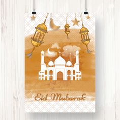 an islamic greeting card with mosques and lanterns