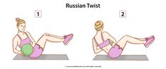 a woman doing the russian twist on a mat with an exercise ball in front of her