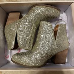 Never Worn. Super Pretty. Would Be A Cute Addition To A Concert Outfit. Casual Glitter Boots For Party, Casual Glitter Party Boots, Gold Casual Boots For Party, Casual Gold Boots For Party, Glitter Heeled Boots With Round Toe For Fall, Spring Glitter Boots With Round Toe, Party Booties With Stacked Heel And Medium Width, Party Booties With Stacked Heel, Casual Party Booties With Stacked Heel