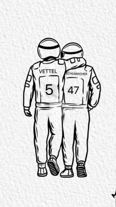 two people standing next to each other with the words vettel and number 54 on them