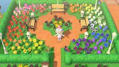 an animal crossing game is shown in the middle of a garden with flowers and benches