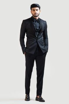 Shop for Paarsh Black Tricot Embroidered Blazer Set for Men Online at Aza Fashions Dance Jackets, Cutdana Embroidery, Embroidered Blazer, Gentleman Aesthetic, New Address, Blazer Set, Indian Fashion Designers, Steam Iron, Fitted Trousers