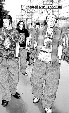 black and white drawing of three men walking down the street with their hands in each other's pockets