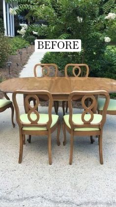 a dining room table and chairs with the words before