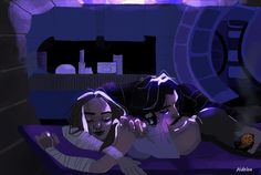 two people laying on a bed in a room with purple lighting and a blue light