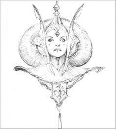 a black and white drawing of a woman with horns on her head