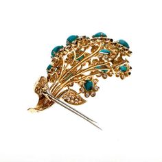 For Sale on 1stDibs - David Webb floral pin in 18K yellow gold with turquoise and diamonds featuring approximately 16 carats in turquoise and round diamonds that total 4.80 Luxury Turquoise Brooches, Diamond Flower Brooch, David Webb, Floral Pins, Floral Brooch, Diamond Flower, Gold Flowers, Flower Brooch, Round Diamonds