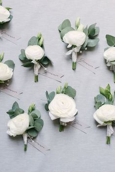 white flowers are arranged in rows on a gray surface with green leaves and stems attached to them