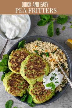 Four pea fritters in a bowl with a portion of couscous. and a dollop of greek yoghurt. Green Pea Fritters, Best Peas Recipe, Pea Fritters, Garden Peas, Pea Recipes, Green Peas, Frozen Peas, Healthy Side Dishes, Side Dishes Easy