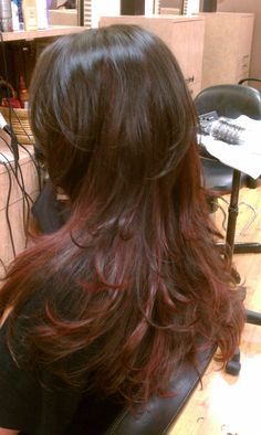 Red Under Highlights, Red On Brown Hair Highlights, Cherry Brown Highlights In Brown Hair, Long Brown Hair With Red Highlights, Partial Highlights Red, Dark Brown And Red Highlights, Partial Red Highlights In Brown Hair, Red Partial Highlights