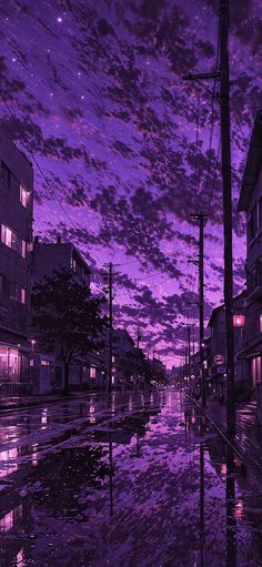 a city street at night with purple clouds and buildings reflecting in the puddles on the wet pavement