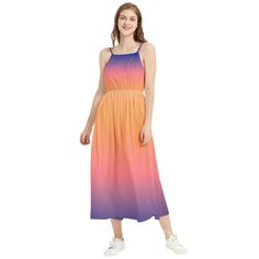 Introducing the enchanting Ombre Sunset Boho Sleeveless Maxi Dress from Future is Retro - a captivating and stylish piece that effortlessly embodies the spirit of warm, sun-kissed days and carefree, Bohemian vibes. This delightful dress is an absolute must-have for your summer wardrobe, perfect for beach getaways, casual outings, or romantic picnics.   Expertly crafted from a lightweight, breathable fabric, this dress ensures you'll stay comfortable and fresh on even the hottest of days. The stu Orange Midi Sleeveless Dress For Beach, Orange Sleeveless Summer Midi Dress, Sleeveless Orange Midi Dress For The Beach, Orange Sleeveless Midi Summer Dress, Sleeveless Orange Midi Summer Dress, Orange Spaghetti Straps Maxi Dress For Summer, Orange Beach Midi Dress, Orange Midi Dress For Beach Season, Orange Midi Dress For Summer