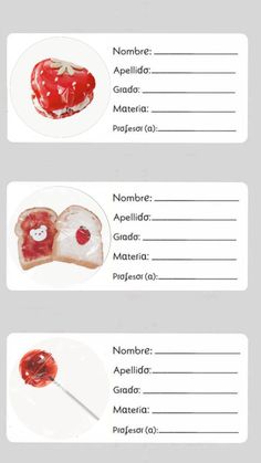 two labels with food on them that include bread, jelly and apple slices in the shape of hearts