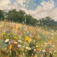 an oil painting of flowers in a field