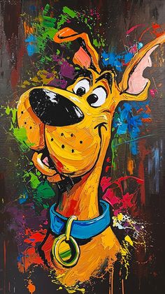 a painting of a yellow dog wearing a blue collar with paint splatters all over it