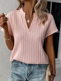 Loose Casual V Neck Plain Shirt | zolucky Batwing Sleeve Top, Solid Tank Tops, Plain Blouse, Plain Shirts, Casual Tops For Women, Denim Leggings, Loose Tops, Feminine Look, V Neck Blouse