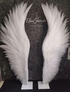 two white angel wings are on display in front of a black and white wall with the name