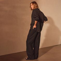 Our Wide Leg Relaxed Linen Pant is made in our classic lightweight linen that is breathable and soft. Style details include narrow jersey waistband with drawcord, front pleats, slash front pockets, back pockets, back darts, and a clean bottom hem. Garment dyed. Relaxed fit. Pair with our matching Linen Oversized Shirt WKO3970﻿ Additional Information:• 100% Linen • Machine wash cold, tumble dry low Linen Oversized Shirt, Linen Pant, Linen Pants, Soft Style, Oversized Shirt, Black Pants, Wide Leg, Relaxed Fit, Angeles