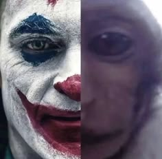 two different images of the same person with their face painted white and red clown makeup