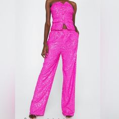 Hot Pink Sequence Trousers. Size 8. Brand New With Tags. Pink Sequin Pants, Velvet Pantsuit, Pink Ribbed Sweater, Crushed Velvet Blazer, Chiffon Jumpsuit, Festival Pants, Sequin Pants, Yellow Pants, High Waisted Flares