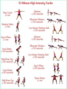 the 10 minute high intensity cardio workout routine is shown in this chart, with instructions to