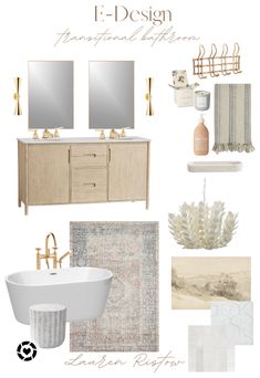 a bathroom design board with gold accents and neutral colors