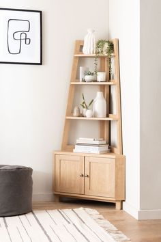 a living room with a book shelf and rug on the floor next to a chair