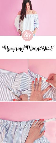 a woman is holding scissors and cutting her shirt with the words, diy clothing menershirt