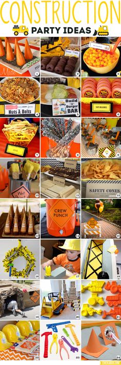 an orange construction themed party is featured in this collage with pictures and text overlays