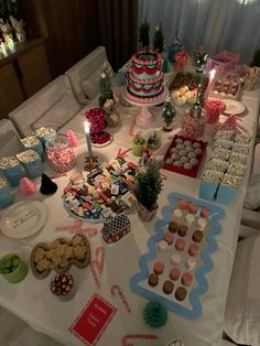 a table filled with lots of food and desserts